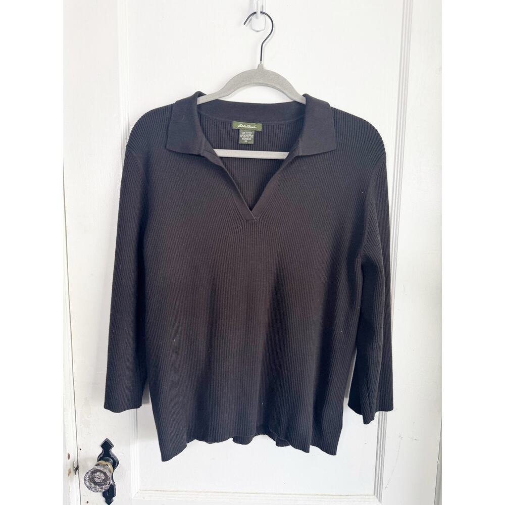 Eddie Bauer Ribbed Collared V-Neck Polo Style Top Shirt 3/4 Sleeves Black XL